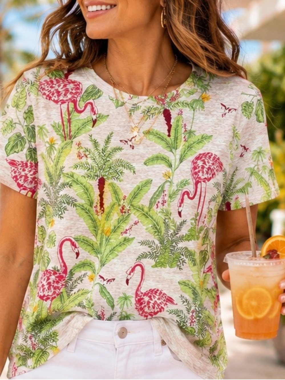 Charter Club Luxury Linen Blend Flamingo Tropical Tee XS NWT